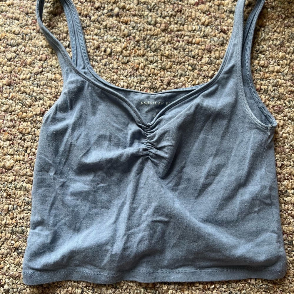 American Eagle Blue Ruched Crop Tank Top